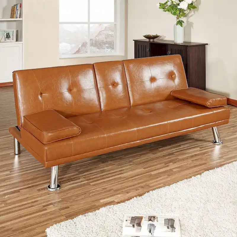 Futon-Schlafsofa mit Armlehnen und Getränkehaltern, Schlafsofa aus Kunstleder, wandelbares, klappbares und verstellbares kleines Sofa