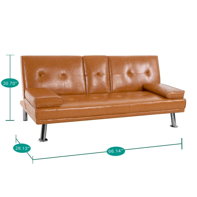 Futon-Schlafsofa mit Armlehnen und Getränkehaltern, Schlafsofa aus Kunstleder, wandelbares, klappbares und verstellbares kleines Sofa