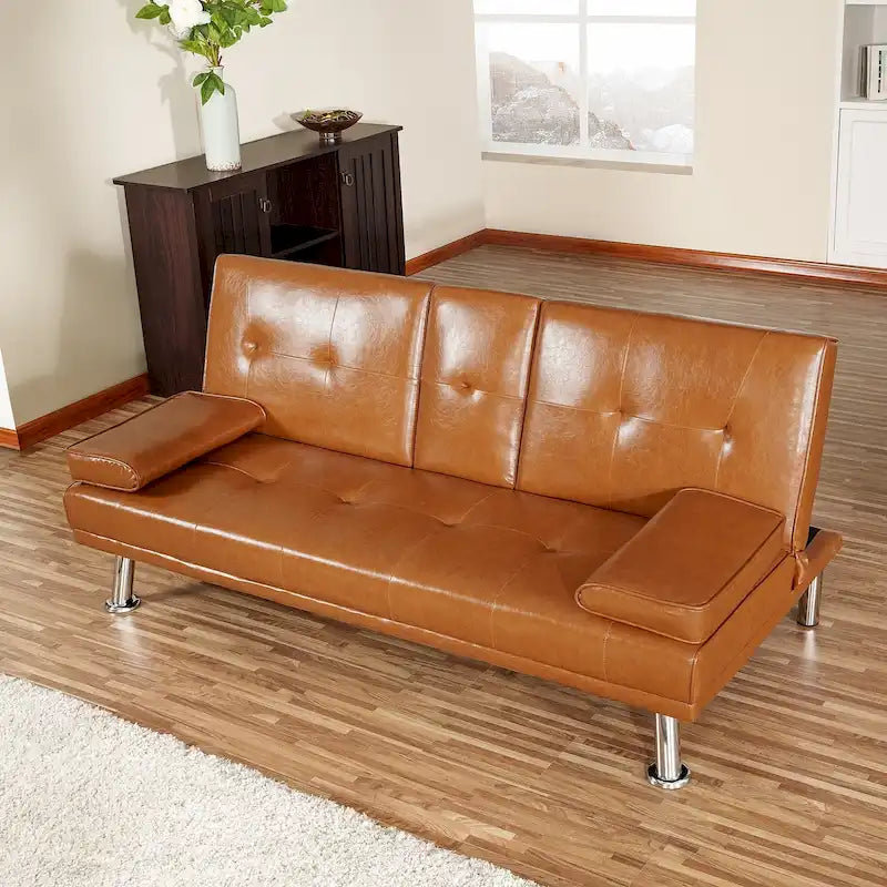 Futon-Schlafsofa mit Armlehnen und Getränkehaltern, Schlafsofa aus Kunstleder, wandelbares, klappbares und verstellbares kleines Sofa