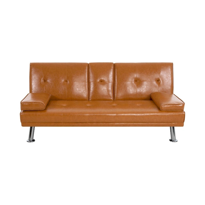 Futon-Schlafsofa mit Armlehnen und Getränkehaltern, Schlafsofa aus Kunstleder, wandelbares, klappbares und verstellbares kleines Sofa