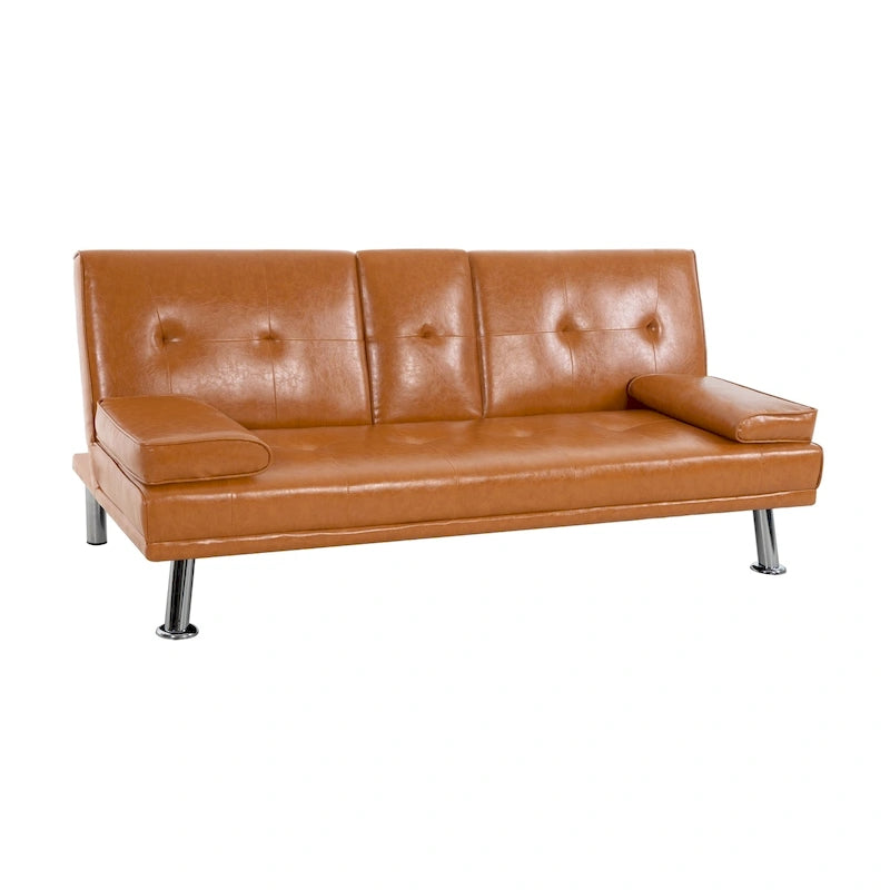 Futon-Schlafsofa mit Armlehnen und Getränkehaltern, Schlafsofa aus Kunstleder, wandelbares, klappbares und verstellbares kleines Sofa