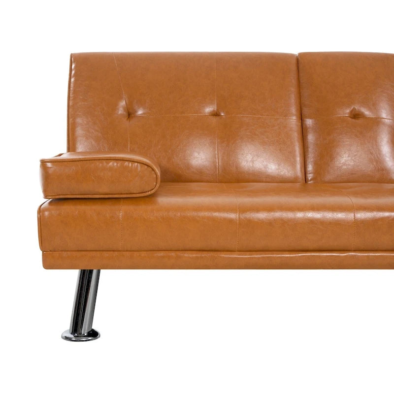 Futon-Schlafsofa mit Armlehnen und Getränkehaltern, Schlafsofa aus Kunstleder, wandelbares, klappbares und verstellbares kleines Sofa