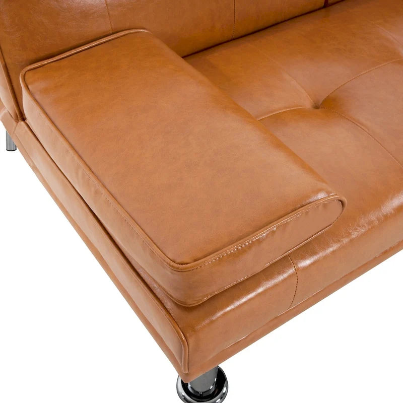 Futon-Schlafsofa mit Armlehnen und Getränkehaltern, Schlafsofa aus Kunstleder, wandelbares, klappbares und verstellbares kleines Sofa