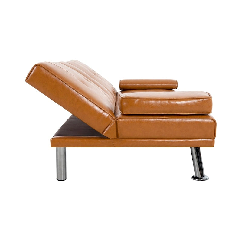Futon-Schlafsofa mit Armlehnen und Getränkehaltern, Schlafsofa aus Kunstleder, wandelbares, klappbares und verstellbares kleines Sofa