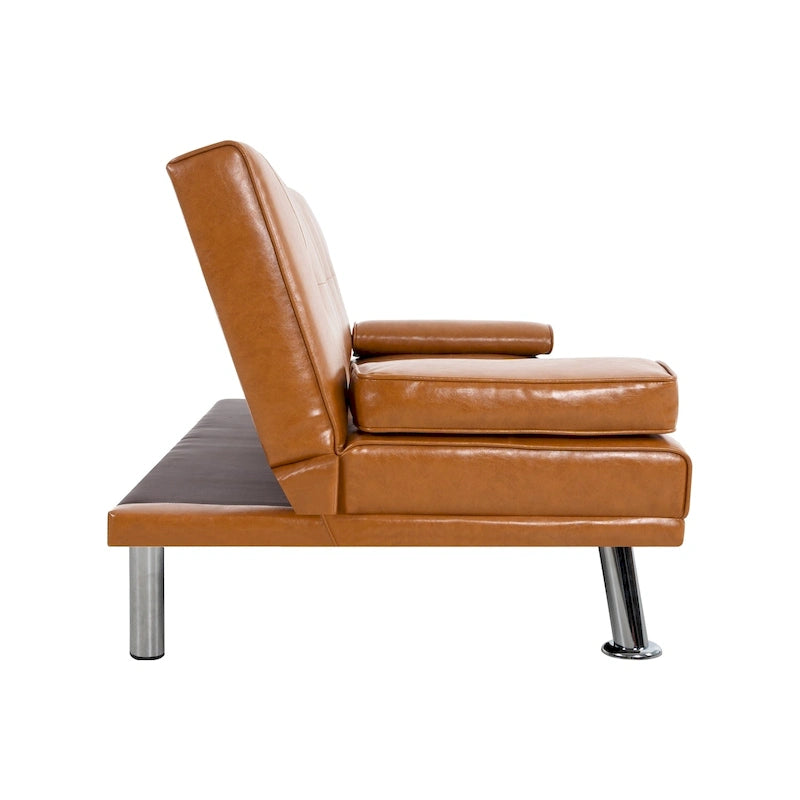 Futon-Schlafsofa mit Armlehnen und Getränkehaltern, Schlafsofa aus Kunstleder, wandelbares, klappbares und verstellbares kleines Sofa