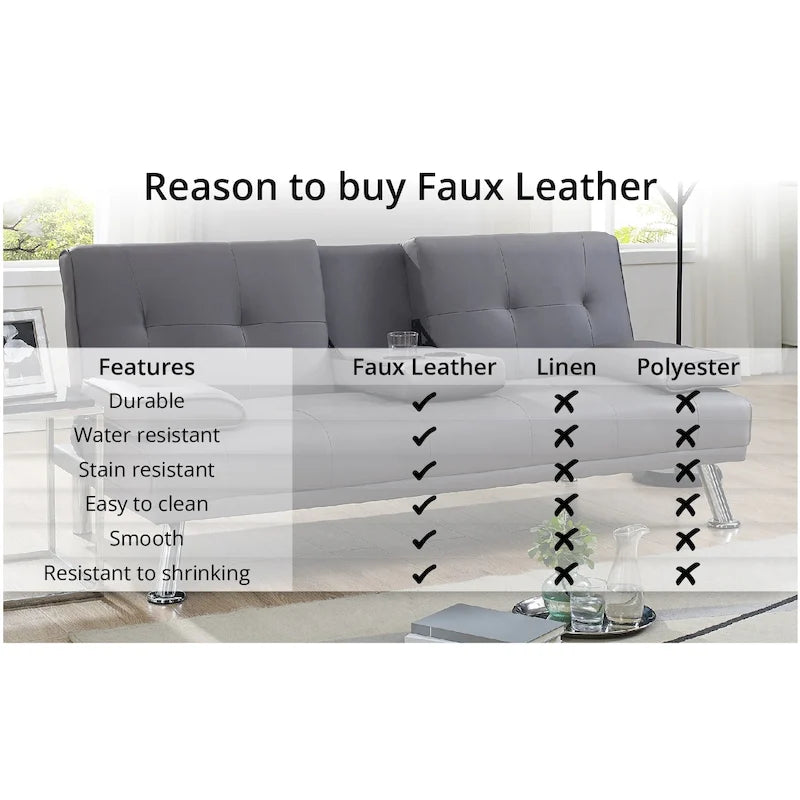 Futon-Schlafsofa mit Armlehnen und Getränkehaltern, Schlafsofa aus Kunstleder, wandelbares, klappbares und verstellbares kleines Sofa