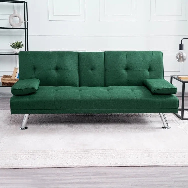 Futon-Schlafsofa mit Armlehnen und Getränkehaltern, Schlafsofa aus Kunstleder, wandelbares, klappbares und verstellbares kleines Sofa