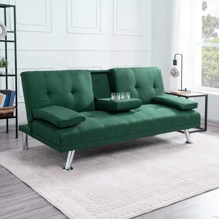 Futon-Schlafsofa mit Armlehnen und Getränkehaltern, Schlafsofa aus Kunstleder, wandelbares, klappbares und verstellbares kleines Sofa