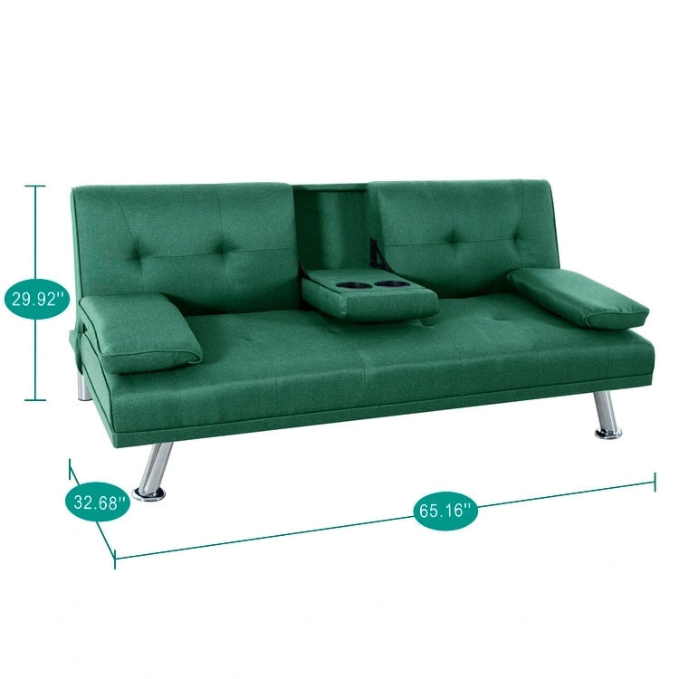 Futon-Schlafsofa mit Armlehnen und Getränkehaltern, Schlafsofa aus Kunstleder, wandelbares, klappbares und verstellbares kleines Sofa