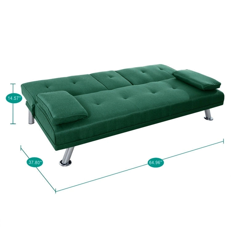 Futon-Schlafsofa mit Armlehnen und Getränkehaltern, Schlafsofa aus Kunstleder, wandelbares, klappbares und verstellbares kleines Sofa