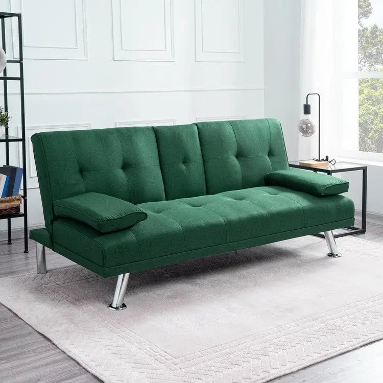 Futon-Schlafsofa mit Armlehnen und Getränkehaltern, Schlafsofa aus Kunstleder, wandelbares, klappbares und verstellbares kleines Sofa