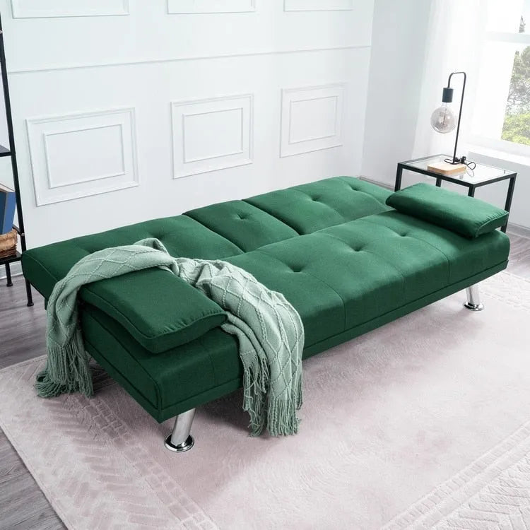 Futon-Schlafsofa mit Armlehnen und Getränkehaltern, Schlafsofa aus Kunstleder, wandelbares, klappbares und verstellbares kleines Sofa