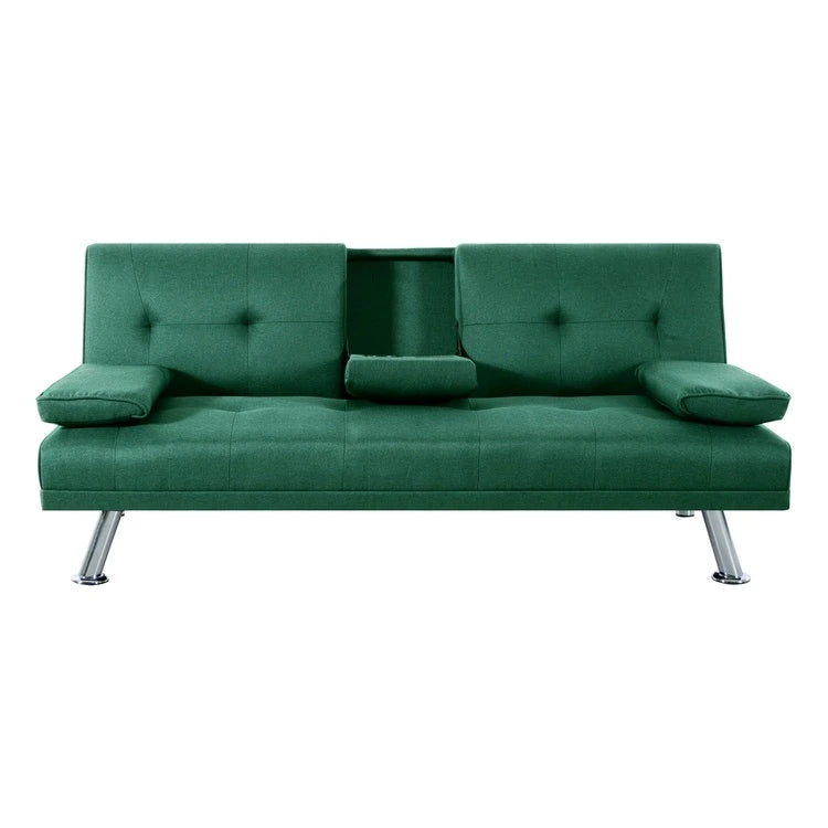 Futon-Schlafsofa mit Armlehnen und Getränkehaltern, Schlafsofa aus Kunstleder, wandelbares, klappbares und verstellbares kleines Sofa