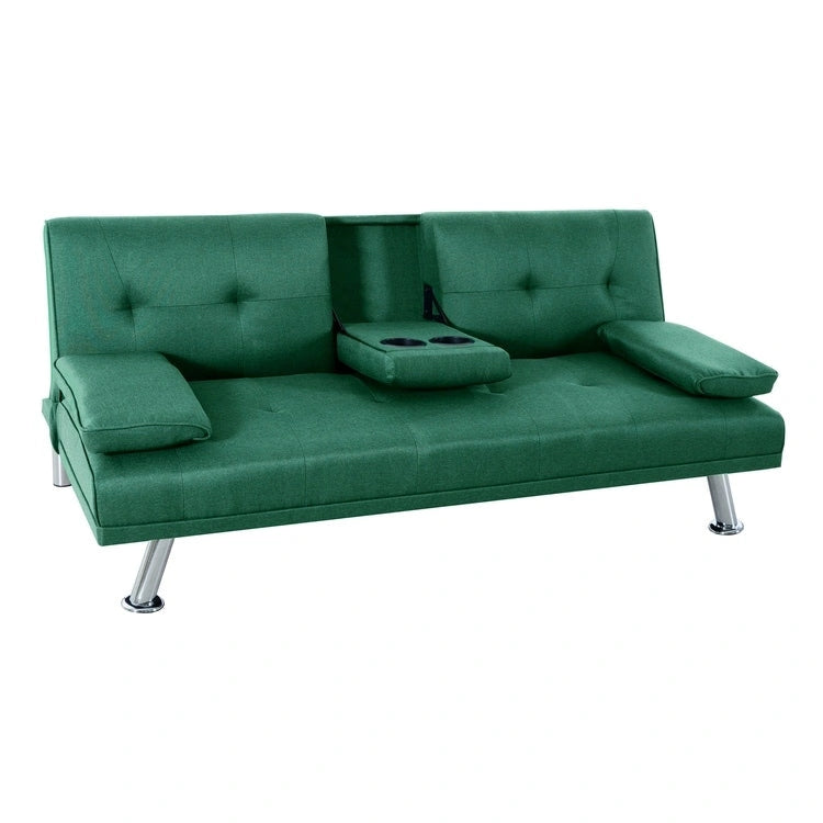 Futon-Schlafsofa mit Armlehnen und Getränkehaltern, Schlafsofa aus Kunstleder, wandelbares, klappbares und verstellbares kleines Sofa