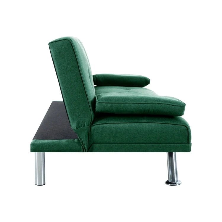 Futon-Schlafsofa mit Armlehnen und Getränkehaltern, Schlafsofa aus Kunstleder, wandelbares, klappbares und verstellbares kleines Sofa