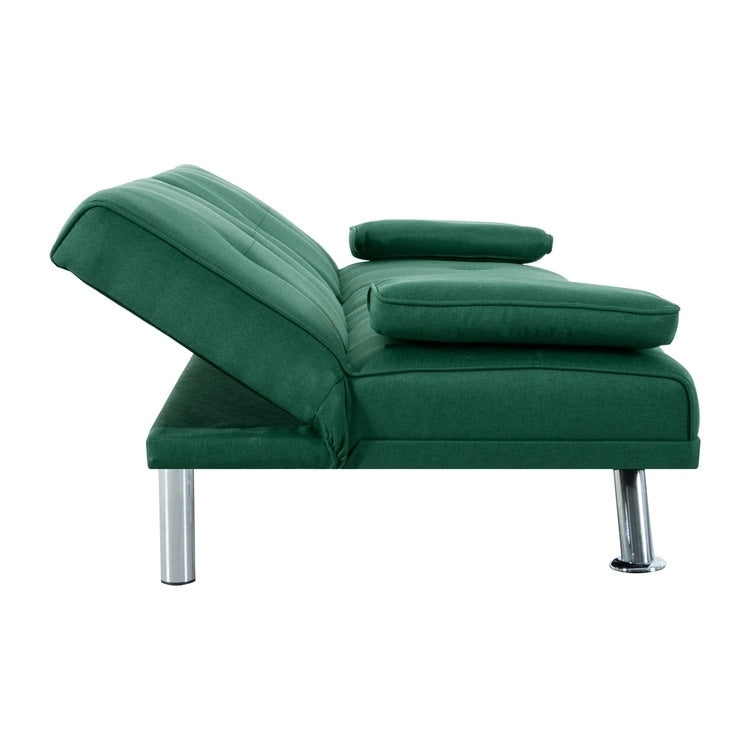 Futon-Schlafsofa mit Armlehnen und Getränkehaltern, Schlafsofa aus Kunstleder, wandelbares, klappbares und verstellbares kleines Sofa