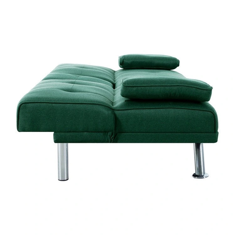 Futon-Schlafsofa mit Armlehnen und Getränkehaltern, Schlafsofa aus Kunstleder, wandelbares, klappbares und verstellbares kleines Sofa