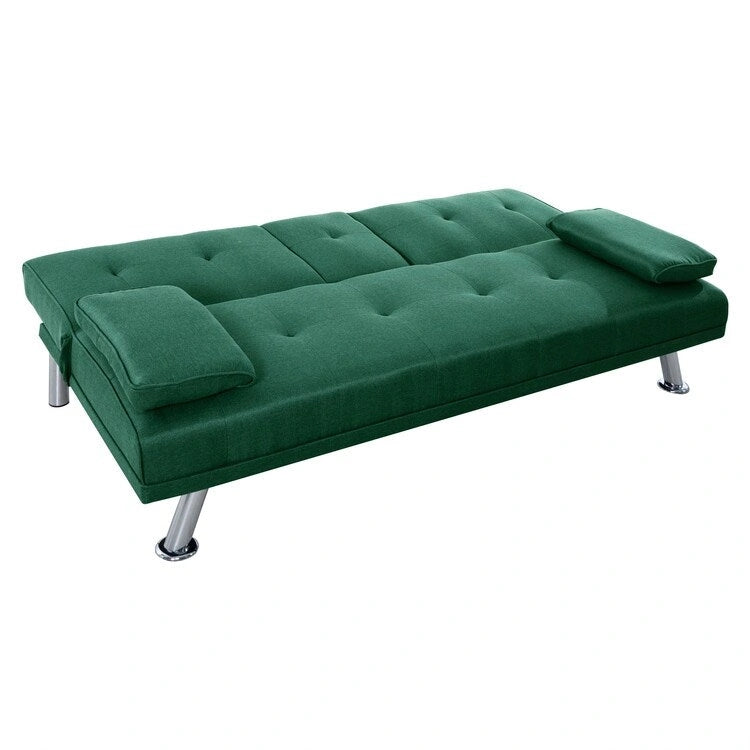 Futon-Schlafsofa mit Armlehnen und Getränkehaltern, Schlafsofa aus Kunstleder, wandelbares, klappbares und verstellbares kleines Sofa