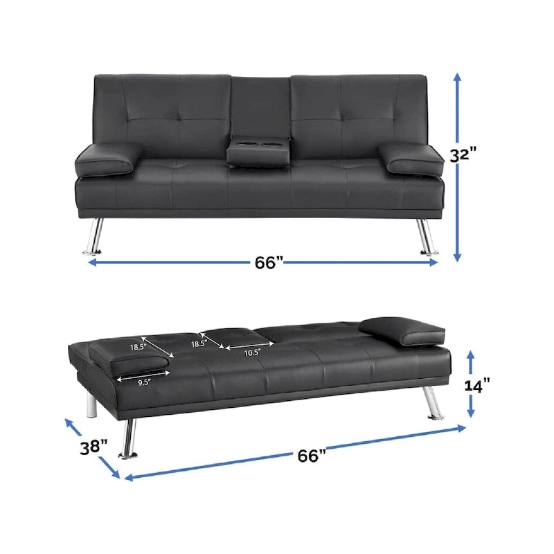 Futon-Schlafsofa mit Armlehnen und Getränkehaltern, Schlafsofa aus Kunstleder, wandelbares, klappbares und verstellbares kleines Sofa