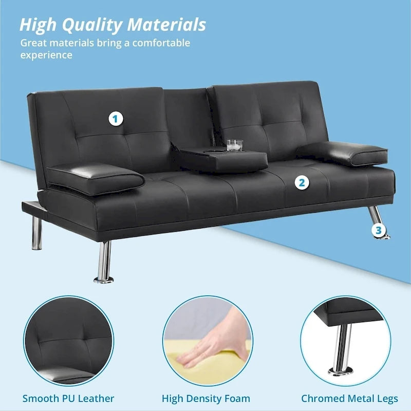 Futon-Schlafsofa mit Armlehnen und Getränkehaltern, Schlafsofa aus Kunstleder, wandelbares, klappbares und verstellbares kleines Sofa