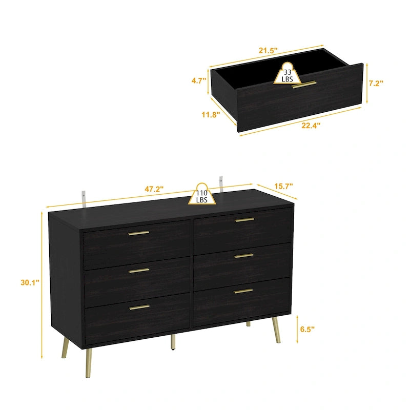 Modern Double 6-Drawer Dresser Chest Of Drawers Cabinet