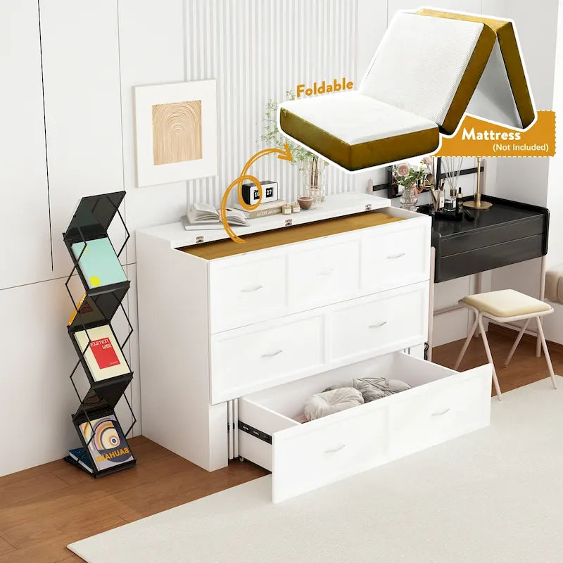 Full Size Murphy Bed Chest with Drawers For Home Office or Small Room