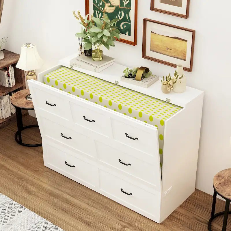 Full Size Murphy Bed Chest with Drawers For Home Office or Small Room