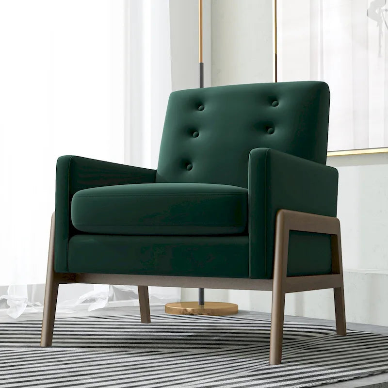 Mid Century Modern Forest Green Velvet Lounge Chair w/ Walnut Brown Legs - 33
