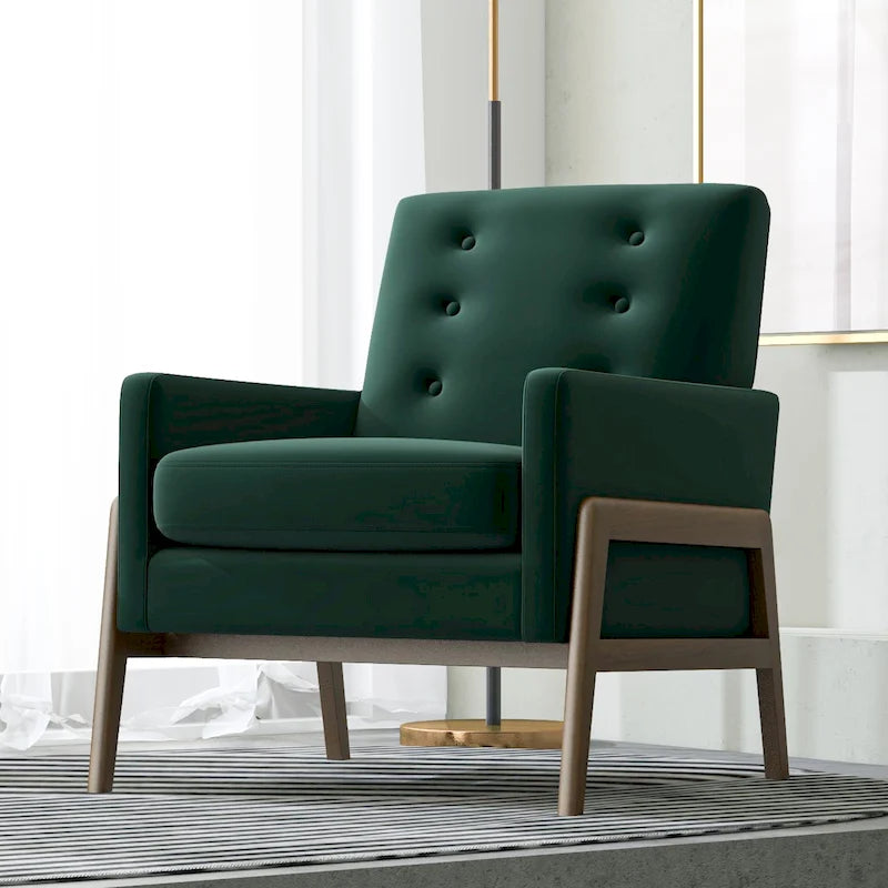 Moderner Lounge-Sessel im Mid-Century-Stil, waldgrüner Samtbezug, walnussbraune Beine - 33