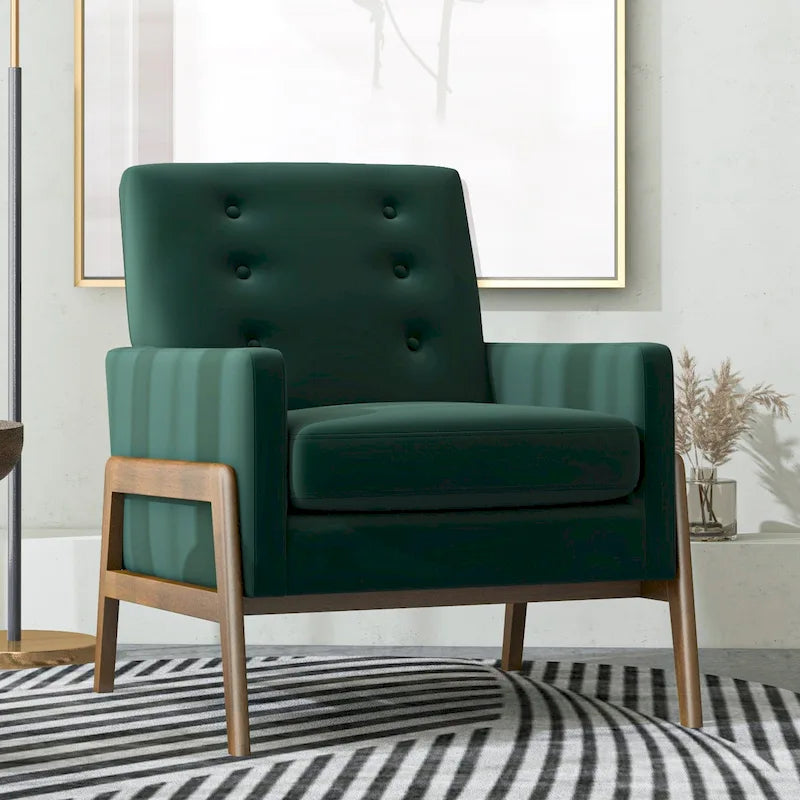 Mid Century Modern Forest Green Velvet Lounge Chair w/ Walnut Brown Legs - 33