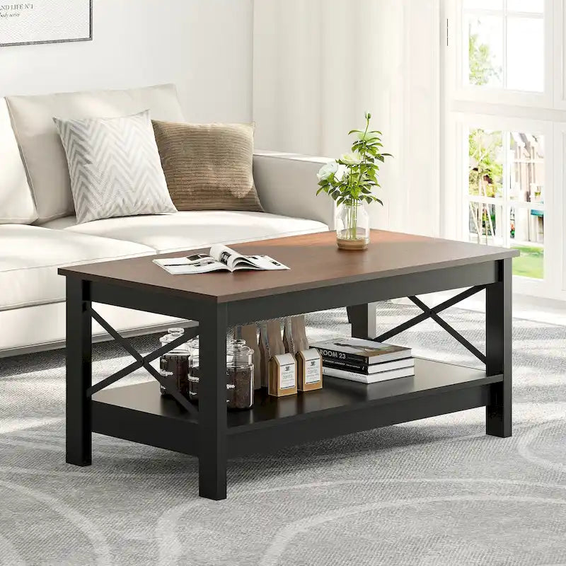 Wood Accent Coffee Table with Large Storage Shelf