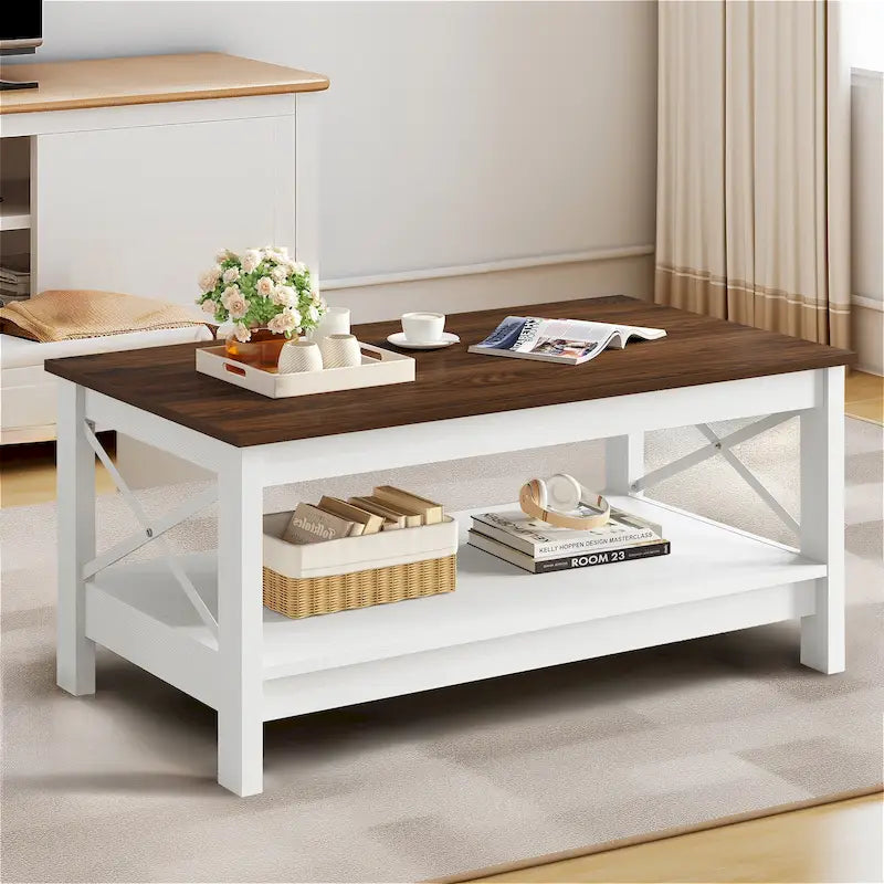 Wood Accent Coffee Table with Large Storage Shelf