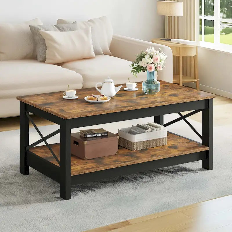 Wood Accent Coffee Table with Large Storage Shelf