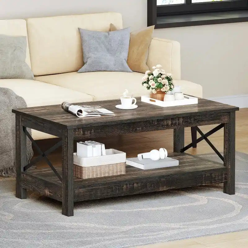 Wood Accent Coffee Table with Large Storage Shelf