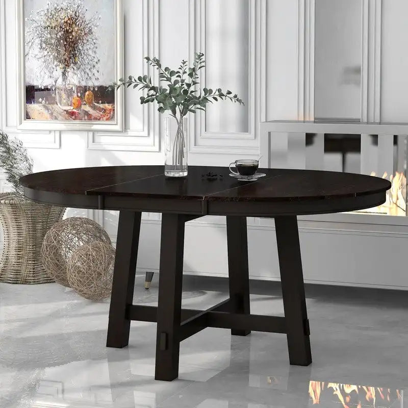 Farmhouse Round Extendable Dining Table with 16 Leaf Wood