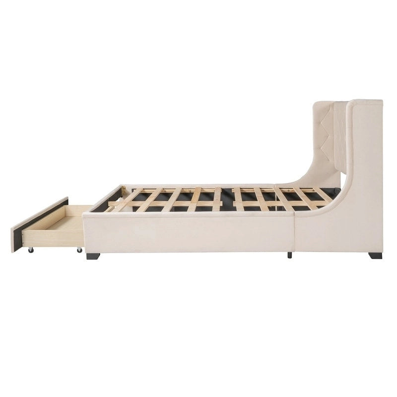 Letto a piattaforma matrimoniale queen size con testiera ad ali e un cassetto grande