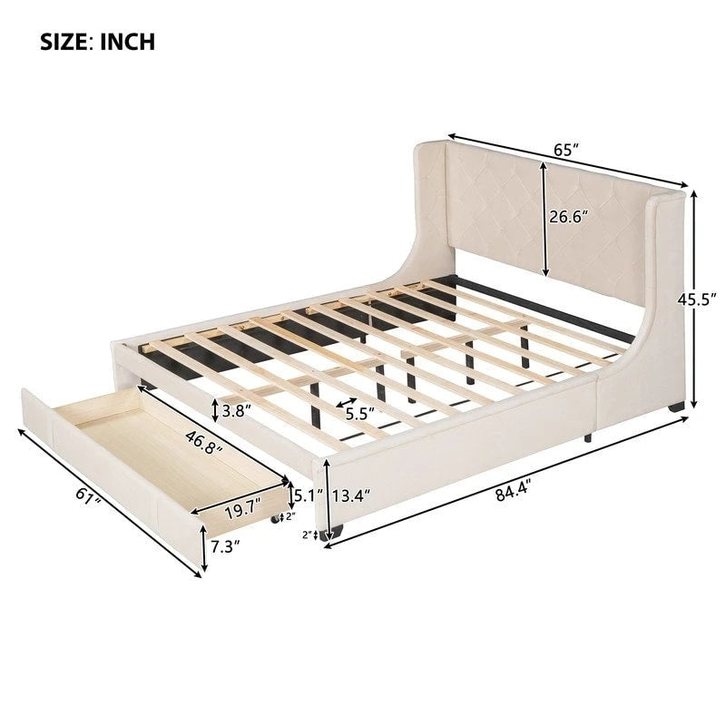 Letto a piattaforma matrimoniale queen size con testiera ad ali e un cassetto grande