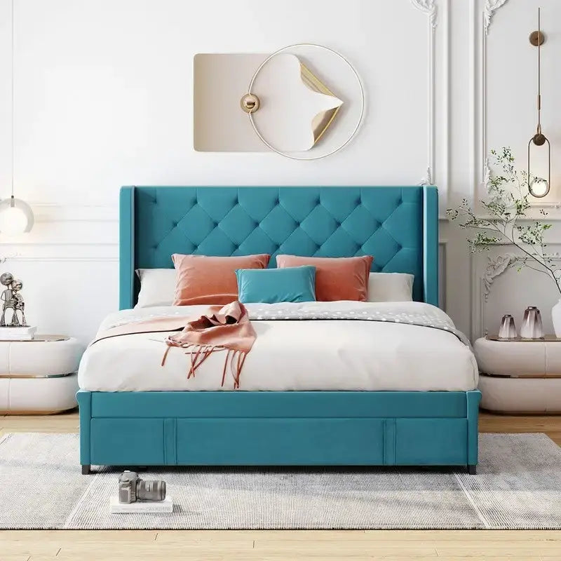 Letto a piattaforma matrimoniale queen size con testiera ad ali e un cassetto grande