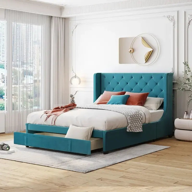 Letto a piattaforma matrimoniale queen size con testiera ad ali e un cassetto grande