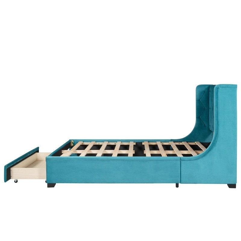 Letto a piattaforma matrimoniale queen size con testiera ad ali e un cassetto grande