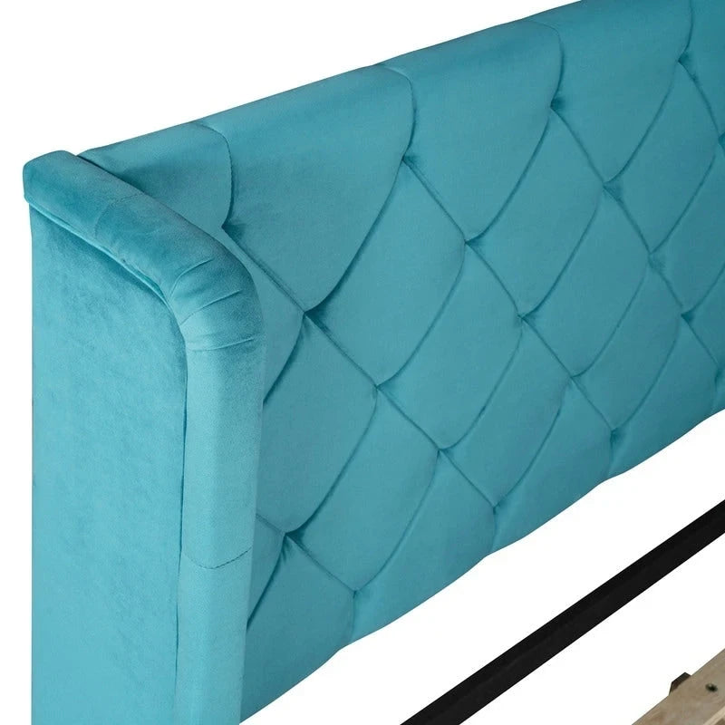 Letto a piattaforma matrimoniale queen size con testiera ad ali e un cassetto grande
