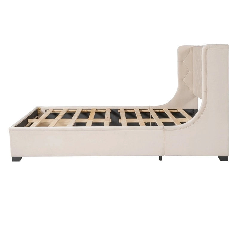 Letto a piattaforma matrimoniale queen size con testiera ad ali e un cassetto grande