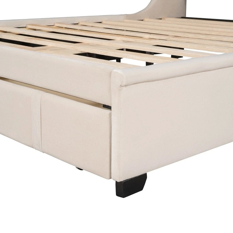 Letto a piattaforma matrimoniale queen size con testiera ad ali e un cassetto grande