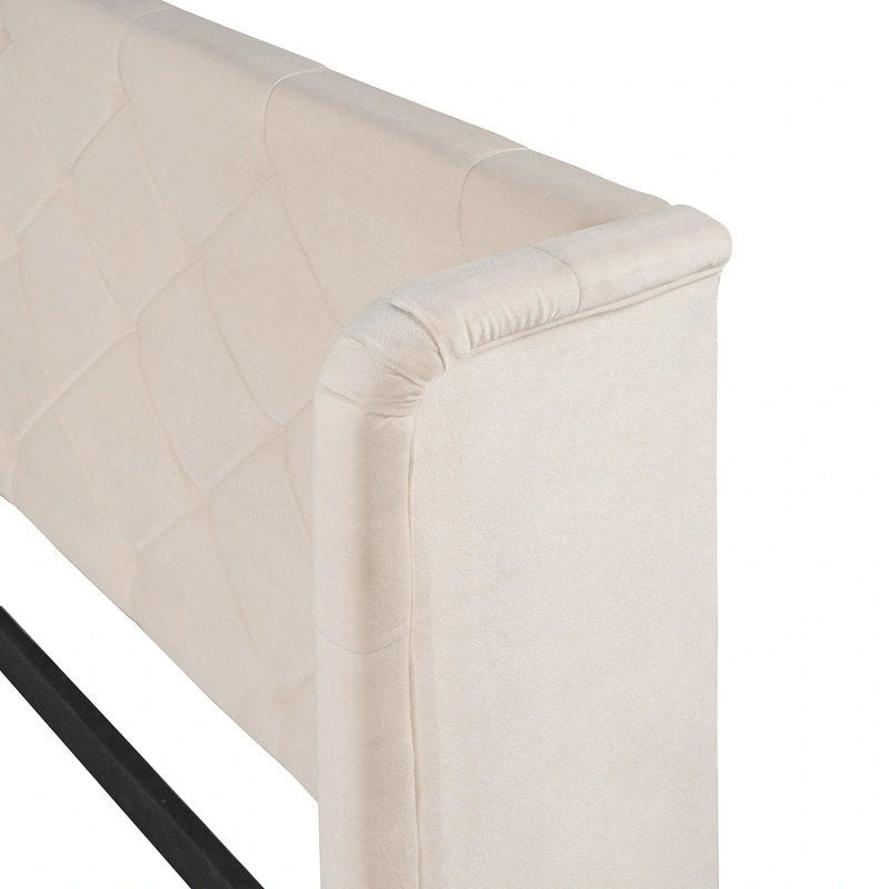Letto a piattaforma matrimoniale queen size con testiera ad ali e un cassetto grande