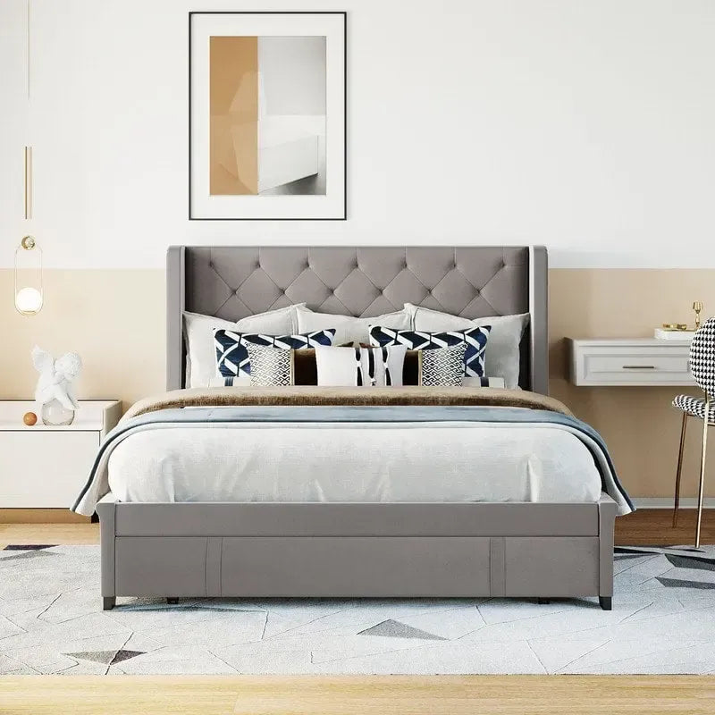 Letto a piattaforma matrimoniale queen size con testiera ad ali e un cassetto grande
