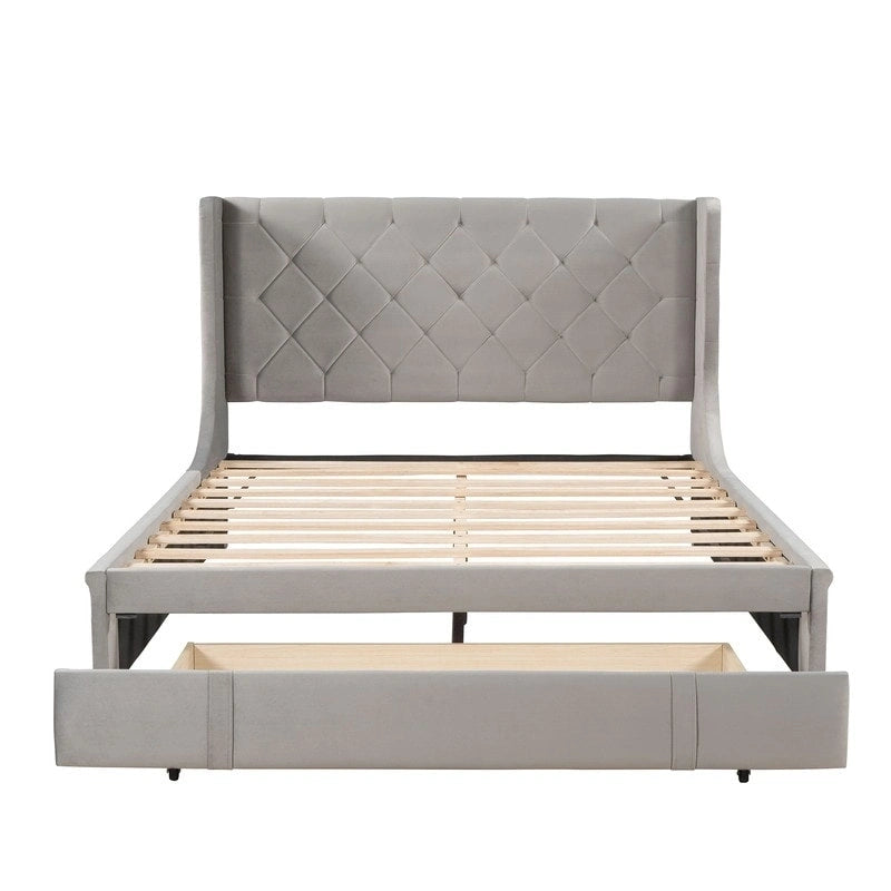 Letto a piattaforma matrimoniale queen size con testiera ad ali e un cassetto grande