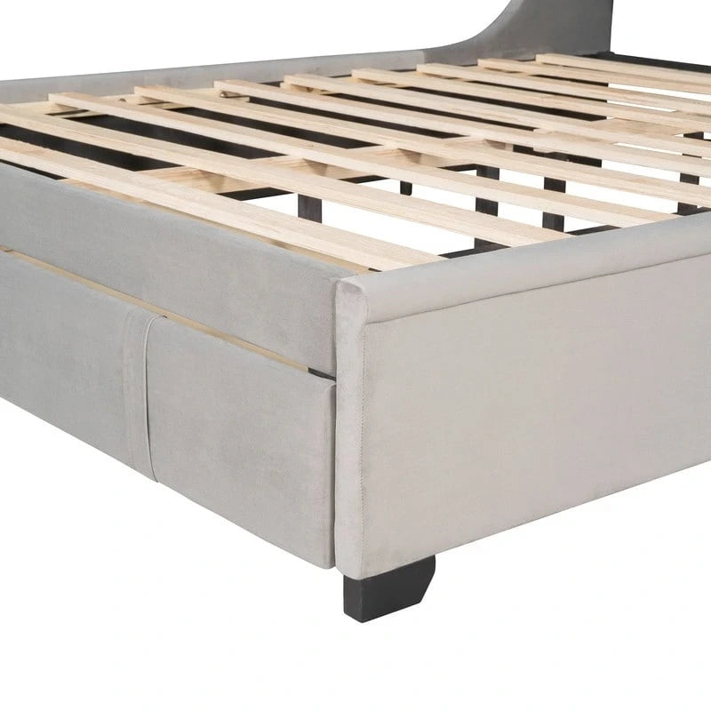 Letto a piattaforma matrimoniale queen size con testiera ad ali e un cassetto grande