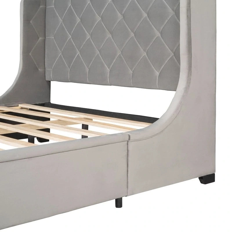 Letto a piattaforma matrimoniale queen size con testiera ad ali e un cassetto grande