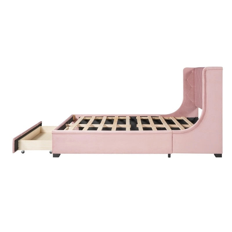 Letto a piattaforma matrimoniale queen size con testiera ad ali e un cassetto grande
