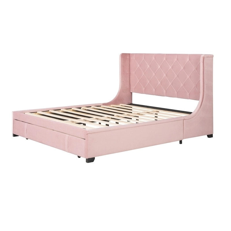 Letto a piattaforma matrimoniale queen size con testiera ad ali e un cassetto grande